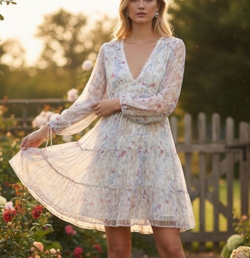 Slate & Willow White Calico Mini Dress SMALL Shabby Chic Romantic Designer $188